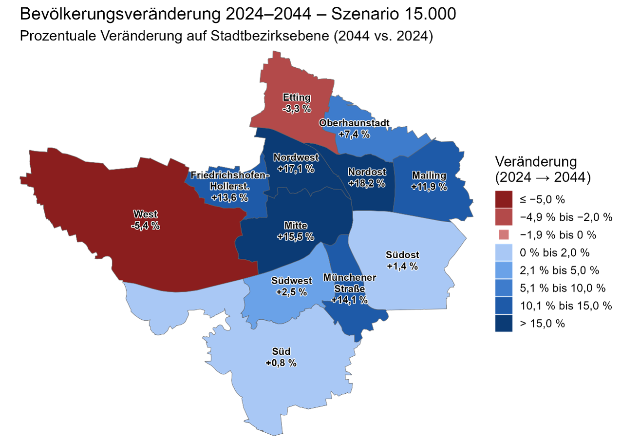 Karte zur prozentualen Bevölkerungsveränderung nach Stadtbezirken 2024 im Vergleich zu 2044 (Variante 2)